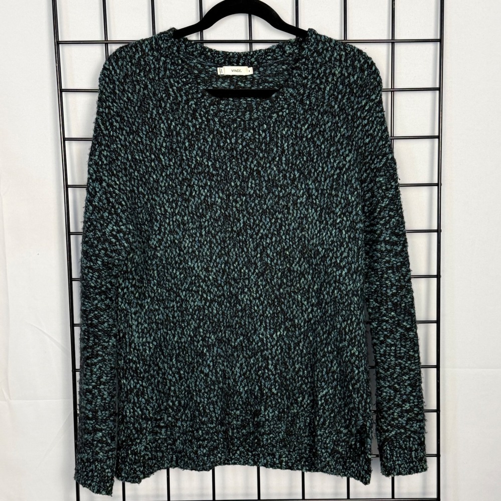 Vince Sweater Womens Medium Teal Black Marled Chunky Knit Crew Neck Pullover